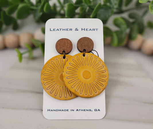 Yellow Leather Circle Earrings + Wood Earring Studs