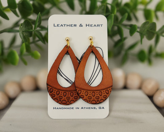 Saddle Tan Tribal Teardrop Cutout Leather Earrings + Gold Earring Studs