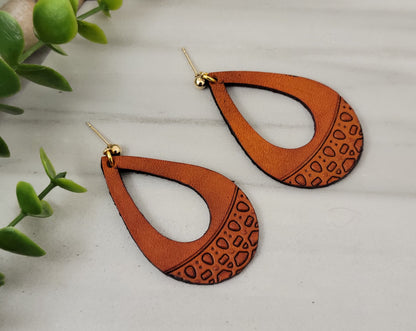 Saddle Tan Tribal Teardrop Cutout Leather Earrings + Gold Earring Studs