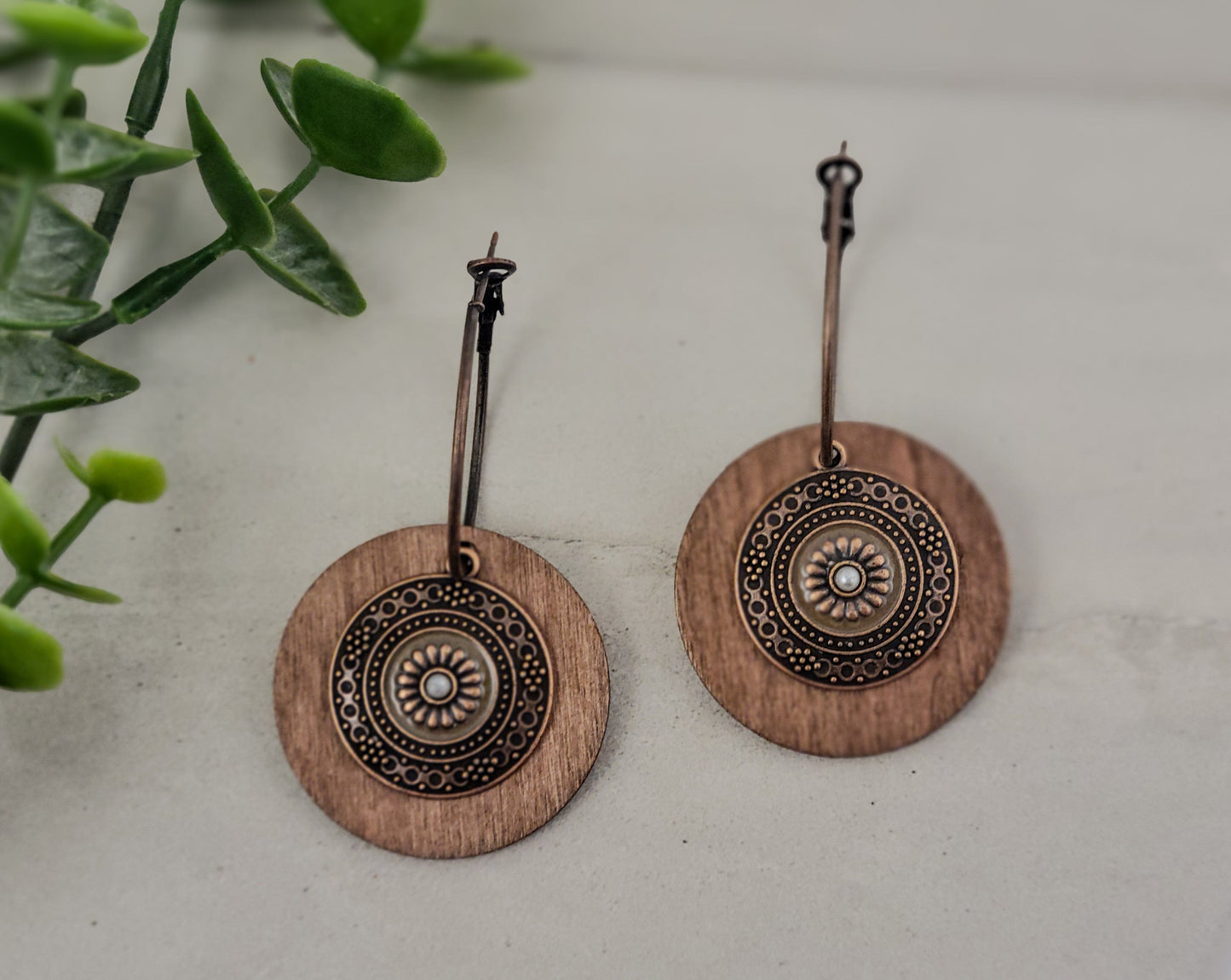 Boho Wood Earrings with Metal Embellishment