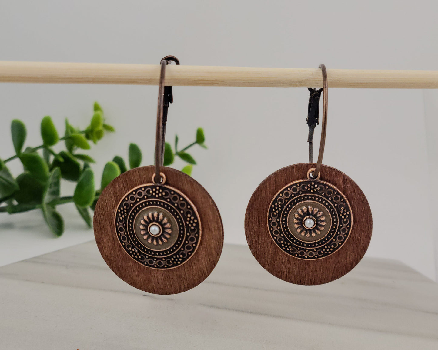 Boho Wood Earrings with Metal Embellishment