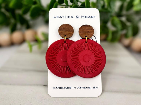 Red Leather Circle Earrings + Wood Earring Studs