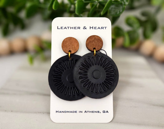 Black Leather Circle Earrings + Walnut Wood Earring Post