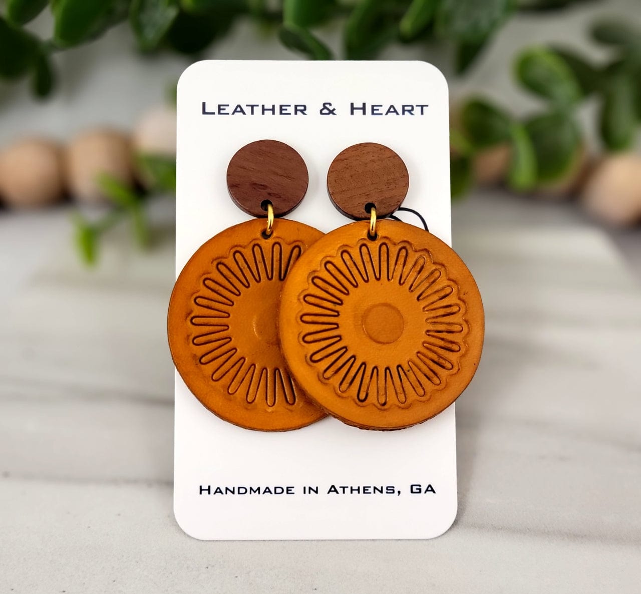 Carmel Leather Circle Earrings + Wood Earring Studs