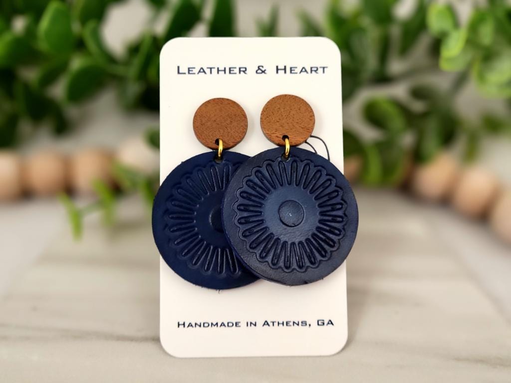 Navy Blue Leather Circle Earrings +Wood Earring Studs