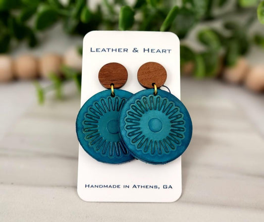 Teal Leather Circle Earrings + Wood Earring Studs